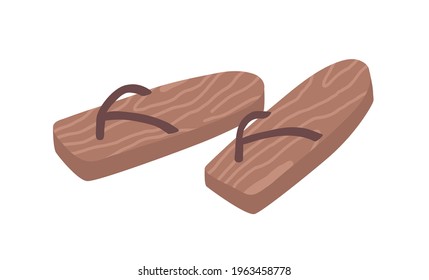 Pair of women open flip-flops with wooden sole. Female home shoes or summer slides. Flat vector illustration of footwear isolated on white background