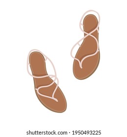 pair of women's brown sandals with white ropes on a white background. view from above