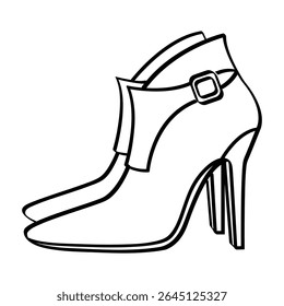 Pair of women's high-heeled ankle boots with buckles line art illustration