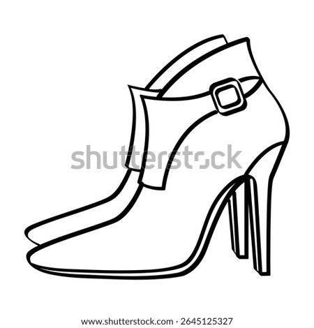 Pair of women's high-heeled ankle boots with buckles line art illustration