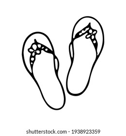 A pair of women's sandals decorated with flowers. Summer vacation, shoe concept.  Vector sketch illustration for print, web, mobile and infographics on a white background. Doodle style outline.