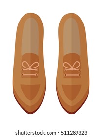 Pair of womens shoes icon. Beige leather or suede loafers with laces for autumn season flat vector illustration isolated on white background. For shoes store ad, wear concept, app button, web design