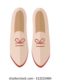 Pair of women's shoes icon. Beige leather or suede loafers with laces  for autumn season flat vector illustration isolated on white background. For shoes store ad, wear concept, app button, web design