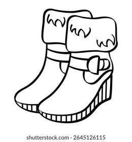 A pair of women's short boots with buckles and fur trim line art illustration