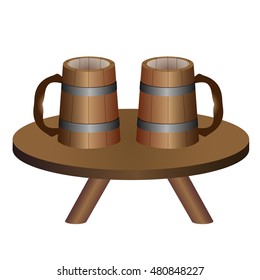 Pair of wooden beer glasses on a table, Vector illustration