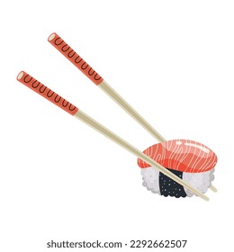 Pair of wooden chopsticks with sushi or roll. Asian cuisine. Food illustration, vector