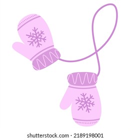 A pair of wool knitted mittens with a zigzag pattern and snowflakes. Cozy winter pink gloves isolated on white background. Vector flat illustration.