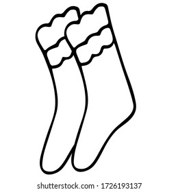 A pair of wool socks. Sketch. A piece of domestic clothing with an ornament in the form of waves. Vector illustration. Doodle style. Outline on isolated background. Coloring book for children. 