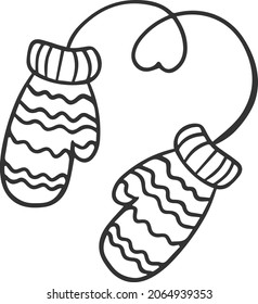 Pair of woolen knitted mittens with pattern. Cozy winter gloves isolated on the white background. Vector doodle illustration.