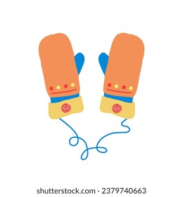 Pareja de mitones de punto de lana con pompón. Agradables guantes de invierno aislados en el fondo blanco. Ilustración plana.
