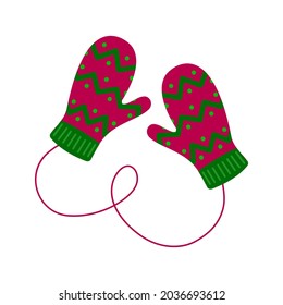 Pair of woolen knitted mittens with zigzag pattern. Cozy winter gloves isolated on the white background. Vector flat illustration.