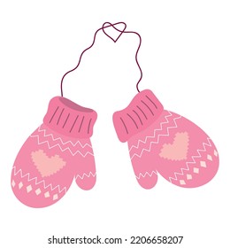 Pair of woolen knitted mittens with zigzag pattern. Woolen knitted gloves isolated on the white background. Vector illustration.