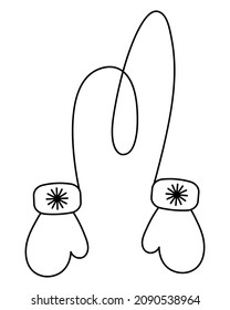 A pair of woolen mittens with an elastic band. Sketch. Fur mittens with a snowflake. Vector illustration. Doodle style. Coloring book for children. Soft glove for the palms. Knitted mitten for warming