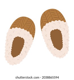 A pair of woolen slippers with decorative sheep fur in flat style. Cozy home footwear. Winter hygge accessory vector illustration. Hand drawn warm shoes