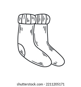 Pair of woolen socks isolated doodle illustration. Contour clothes for legs. Hand drawn socks doodle icon. Sketch socks for web, design black on white background