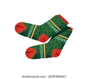 Pair of woolen socks with traditional Christmas pattern. Green stockings with Xmas ornament. Cute hosiery for New Year and winter holidays. Flat isolated vector illustration on white background