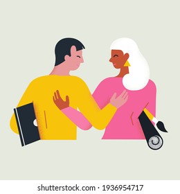 Pair workers male and female, programmer and designer together are hugging and smiling. Vector illustration for web page and applications