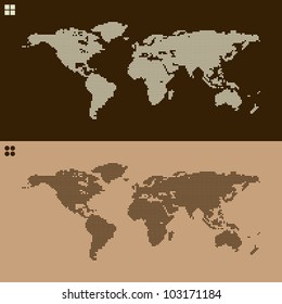 pair of world map built from dots and squares