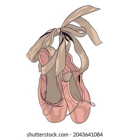 A pair of worn ballet pointe shoes. vector illustration in retro style hand-drawn. on white background.
