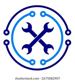 Um par de chave inglesa de forma x cyber tecnologia clip art azul cor moderna com linha de circuito arredondado. Ilustração do vetor do ícone do símbolo da tecnologia
