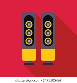 Pair of yellow and black music speakers are standing on a red background