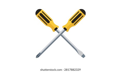 pair of yellow and black screwdrivers crossed on black background suitable for repair work maintenance and tools concept