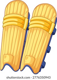 A pair of yellow cricket batting pads with blue straps isolated on white background