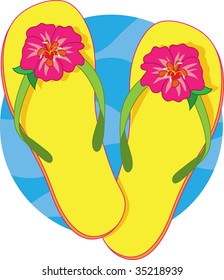 A pair of yellow flip flops with a pink hibiscus blossom