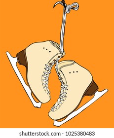 a pair of yellow leather female skates for figure skating hanging on a nail, painted sports equipment on an orange background