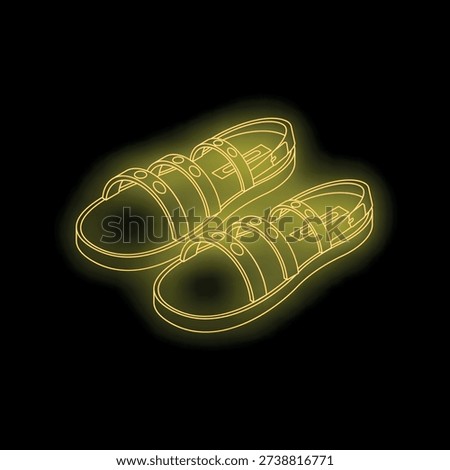 Pair of yellow neon sandals glowing on a black background, representing summer fashion and nightlife
