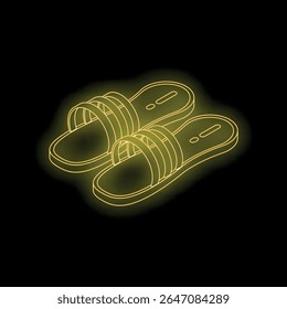Pair of yellow neon slippers glowing on dark background, perfect for summer vibes