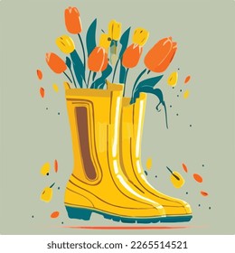 Pair of yellow rain boots with a bouquet of tulips inside. Spring colorful composition. Flat illustration