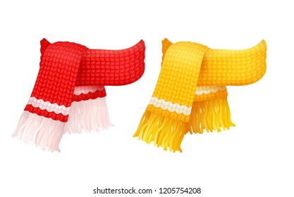 Pair of yellow and red knitted scarves with white woolen threads vector icons. Winter thick chunky yarn handmade kerchief, warm neckerchiefs accessories