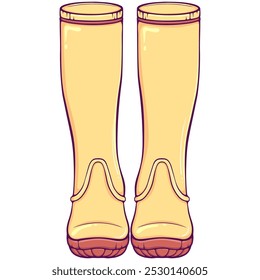 Pair of yellow rubber boots front view. Shoes gardening, autumn rainy weather accessory. Simple vector color illustration isolated on white. Seasonal waterproof footwear.