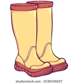 Pair of yellow rubber boots side view. Shoes gardening, autumn rainy weather accessory. Simple vector color illustration isolated on white.