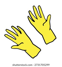 Un par de guantes de goma amarillos para limpiar, lavar platos o jardinería. Equipo de protección para el hogar. Colorido dibujado a mano ilustración de estilo doodle de dibujos animados, aislado sobre fondo blanco.