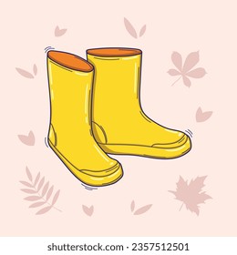 Pair of yellow rubber rain boots in doodle style. Symbol of autumn and wet weather. Vector doodle illustration isolated on a light background with autumn leaves