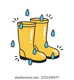 Pair of yellow rubber rain boots with blue water drops isolated on white background 