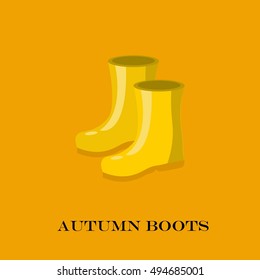 Pair of yellow rubber rain boots. Symbol of garden wok or autumn and weather. Vector illustration.