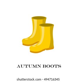 Pair of yellow rubber rain boots. Symbol of garden wok or autumn and weather. Vector illustration Isolated on background.