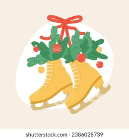 A pair of yellow skates with New Year holiday decorations are hanging on the wall.