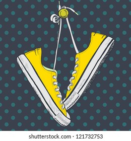 Pair of yellow sneakers on the polka dot background drawn in a sketch style. Sneakers hanging on a peg. Vector illustration.