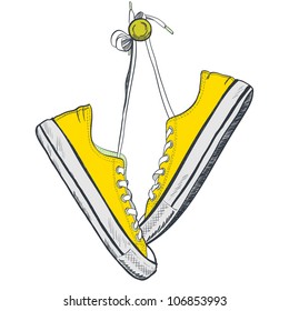 Pair of yellow sneakers on the white background drawn in a sketch style. Sneakers hanging on a peg. Vector illustration.