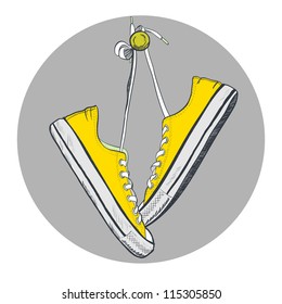 Pair of yellow sneakers on the white background drawn in a sketch style. Sneakers hanging on a peg. Vector illustration.