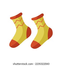 Pair of yellow socks for babies and kids cartoon illustration. Hand drawn socks on white background. Childrens wardrobe, fashion concept
