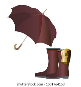 A pair of yellow socks and dark red rain boots with red umbrella on a white background. Vector icon in flat design style