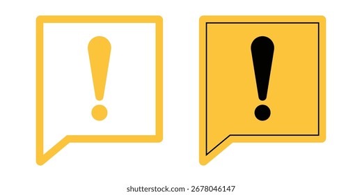Un par de iconos amarillos de la burbuja del discurso con signos de exclamación. Un icono es un contorno, el otro es negro sólido, ambos simbolizan alertas o mensajes importantes.