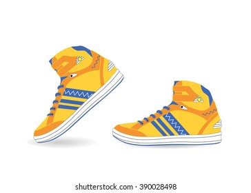 Pair of yellow sport shoes on white background