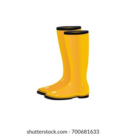 Pair of yellow waterproof rain boots, wellingtons, typical autumn footwear, cartoon vector illustration isolated on white background. Cartoon style shiny yellow autumn rubber, rain boots, gumboots