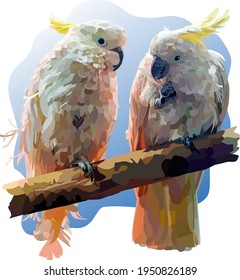 A pair of yellow-crested cockatoo sit on a branch close to each other against a blue sky. One bird holds a feather with its foot. The second cockatoo looks at her. Illustration. Vector, eps10.